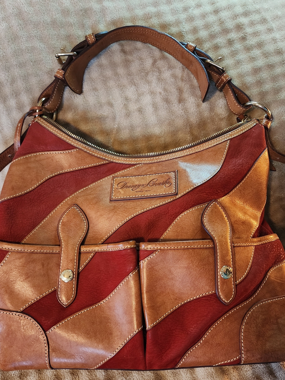 Dooney & Bourke Wavy Leather Patchwork Hobo Shoulder Bag Red Brown